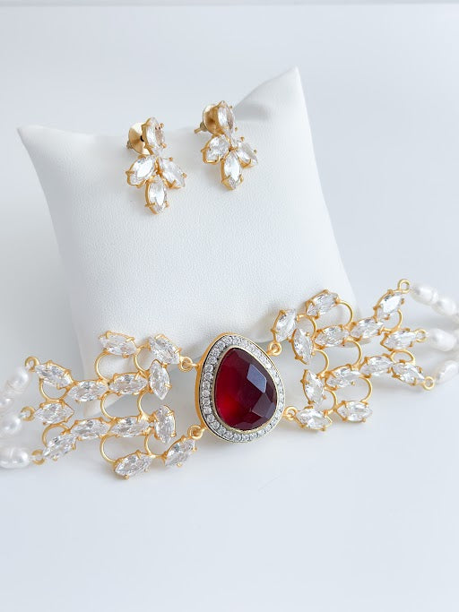Athena | Red Garnet, Pearl & Crystal Set