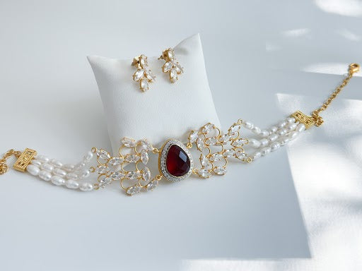 Athena | Red Garnet, Pearl & Crystal Set