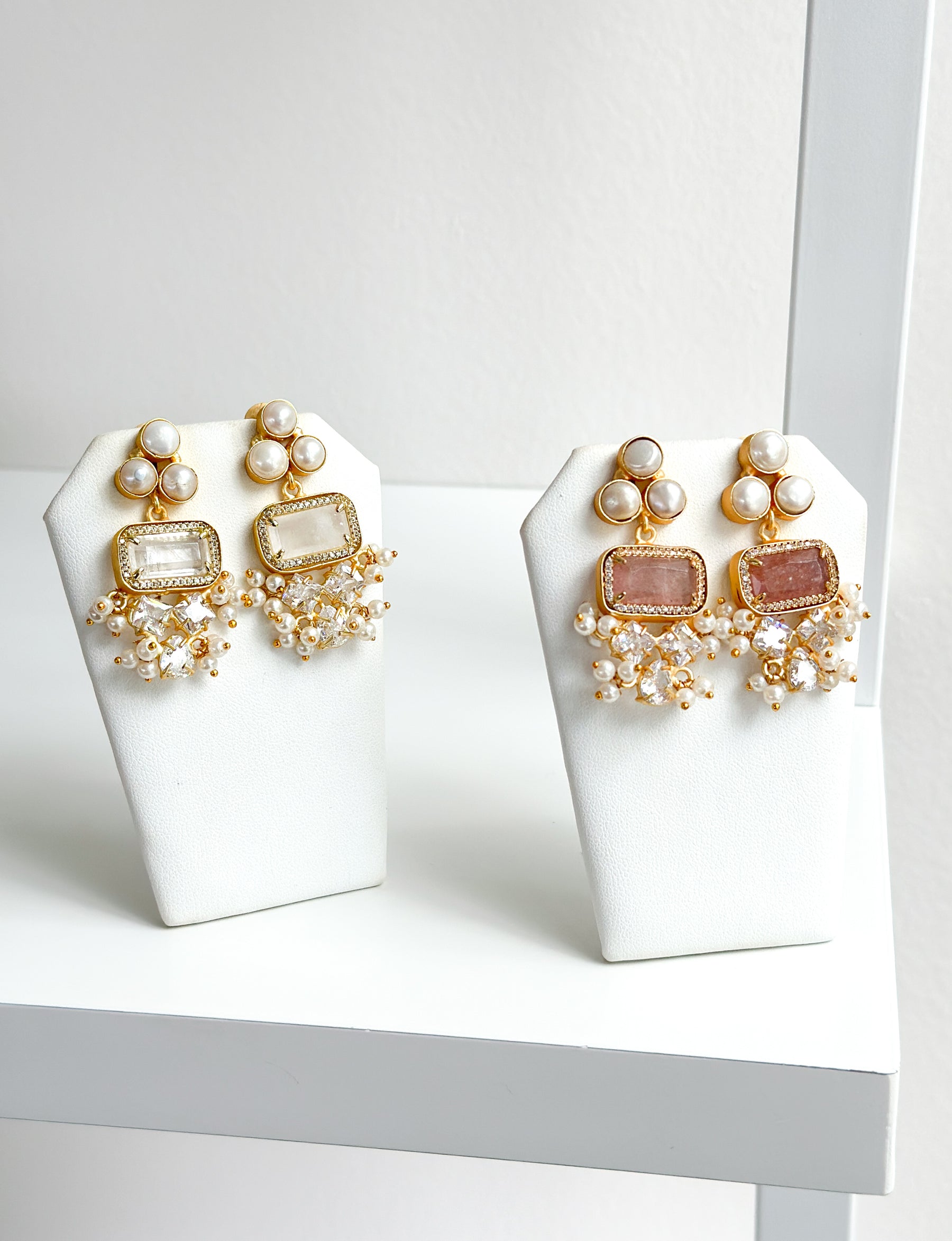 Agnes | Strawberry Quartz, Pearl & Crystal Earrings