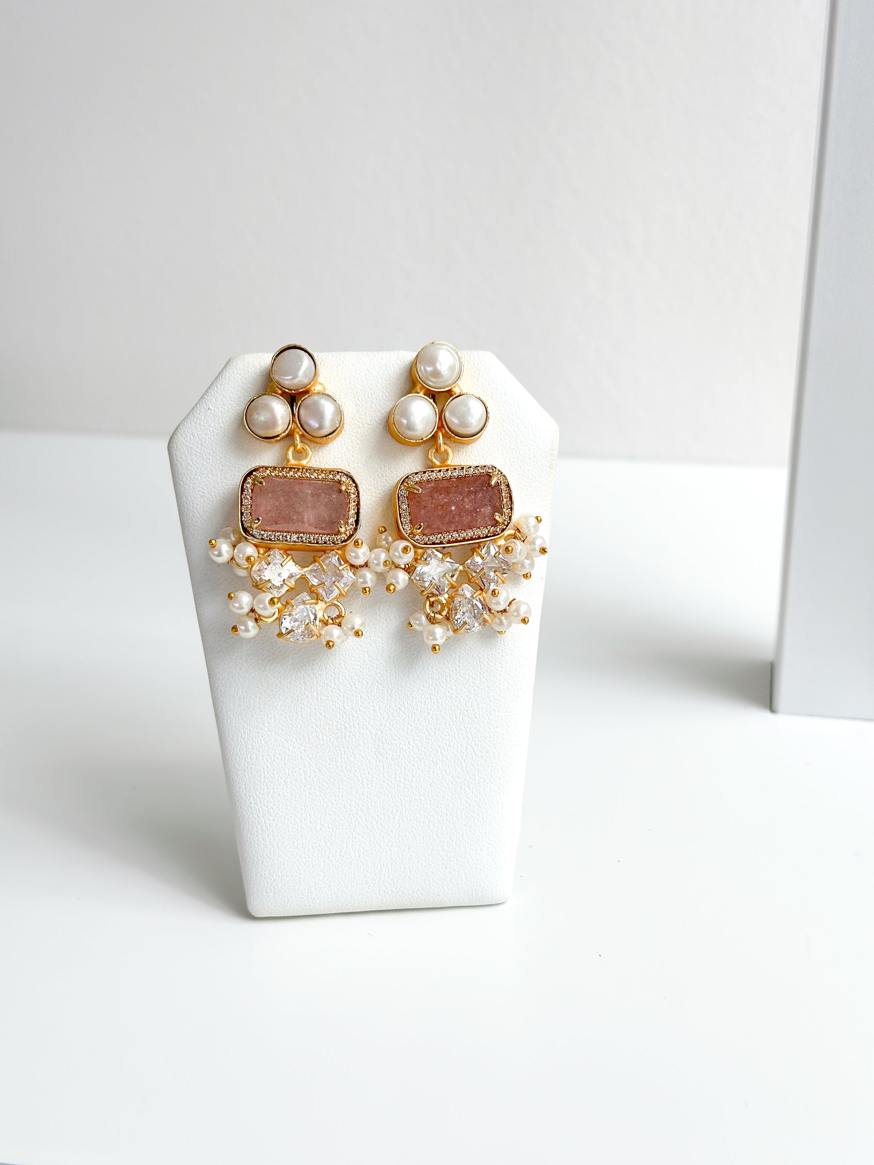 Agnes | Strawberry Quartz, Pearl & Crystal Earrings