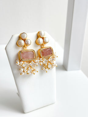 Agnes | Strawberry Quartz, Pearl & Crystal Earrings