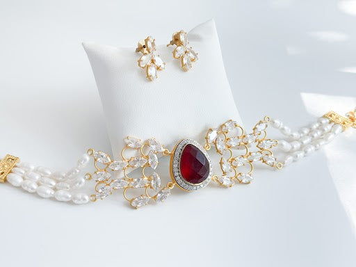 Athena | Red Garnet, Pearl & Crystal Set