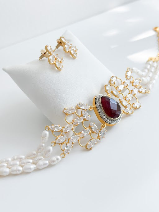 Athena | Red Garnet, Pearl & Crystal Set